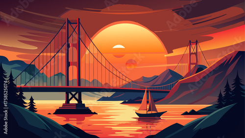 Golden gate bridge at sunset illustration