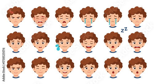 A collection of diverse facial expressions and emotions displayed by a young person with curly brown hair.