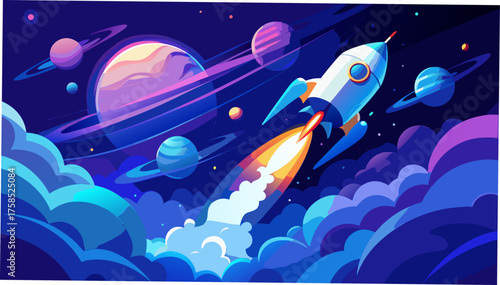 Rocket launching through space with planets