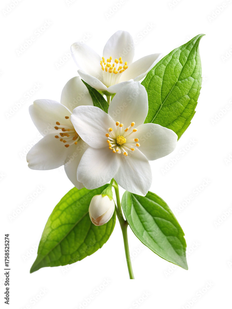 Obraz premium Elegant arrangement of white jasmine flowers with green leaves and bud detail