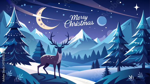 Christmas night scene with deer and trees