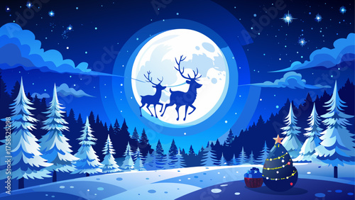 Reindeer silhouette over a full moon night