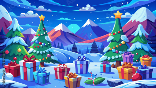 Christmas trees and presents in winter night