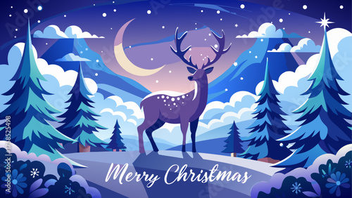 Christmas deer in winter landscape scene