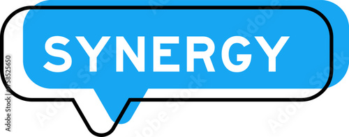 Speech banner and blue shade with word synergy on white background