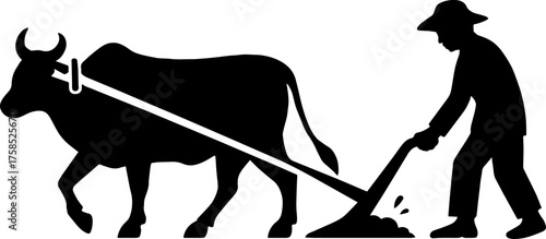 black and white silhouette of a Farmer silhouette using plough with ox - agriculture heritage concept vector with white background 