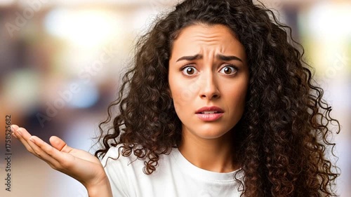 Confused young woman with curly hair shrugging shoulders, showing uncertain and puzzled expression, questioning attitude portrait, generative AI