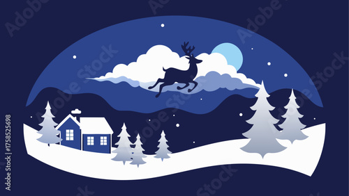 Reindeer flying over snowy winter scene