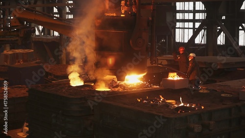 Foto Steelworkers pouring molten metal in foundry. Stock clip