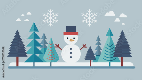 Snowman among trees in winter landscape