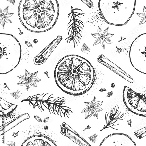 mulled wiSeamless Christmas hand-drawn vector pattern with mulled wine ingredients: cinnamon, anise, dried apple and orange, cloves, cardamom and fir branches. 