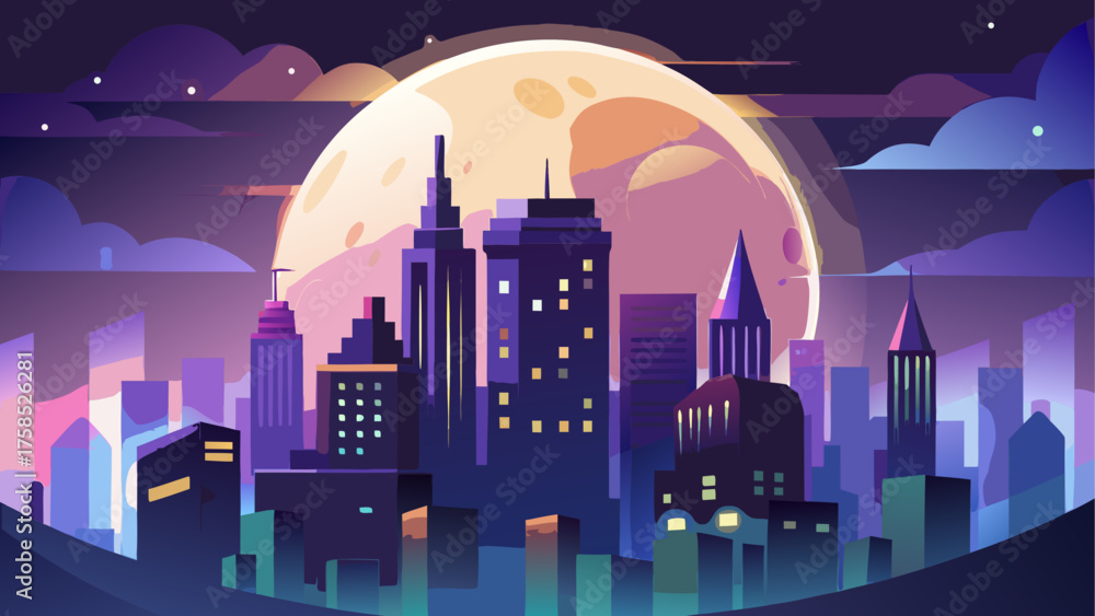 Fototapeta premium Cityscape under a large moonlit night sky