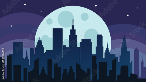 City skyline silhouette against full moon