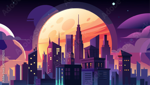 Cityscape silhouette under a giant moon