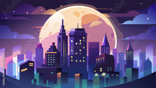Cityscape under a large moonlit night sky