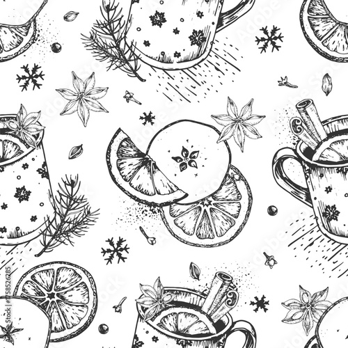 Seamless Christmas hand-drawn vector pattern with a mug of mulled wine, cinnamon, anise, dried apple and orange, cloves, cardamom and fir branches.