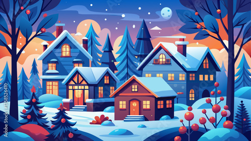 Winter village scene with snow covered roofs