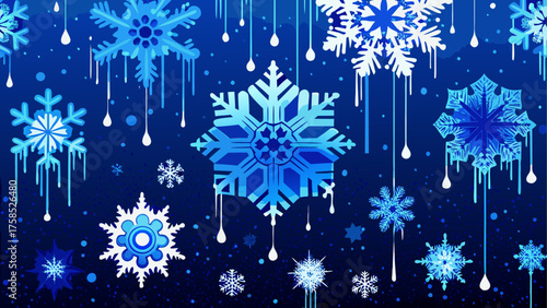 Snowflakes and icicles on a blue backdrop