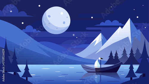 Night landscape with boat and full moon