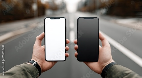 Two smartphones, one white, one black, held in hands, city street background
