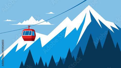 Red cable car over snowy mountain peaks