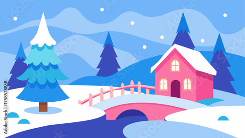 Winter scene with house and snowy trees