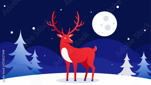 Red reindeer in a snowy winter landscape