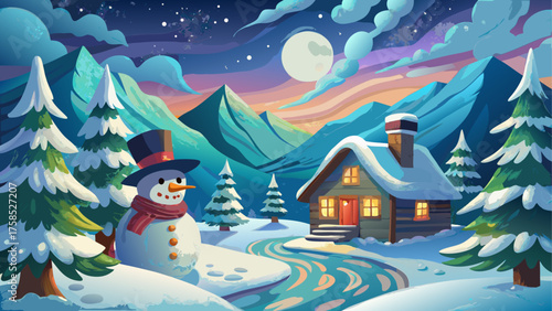Winter landscape with snowman and cabin