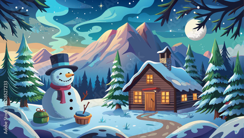 Winter scene with snowman and cabin view