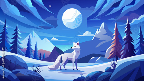 Arctic fox in winter landscape at night