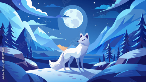 Arctic fox under moonlight in winter scene