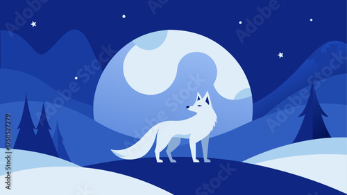 White fox in winter night landscape scene