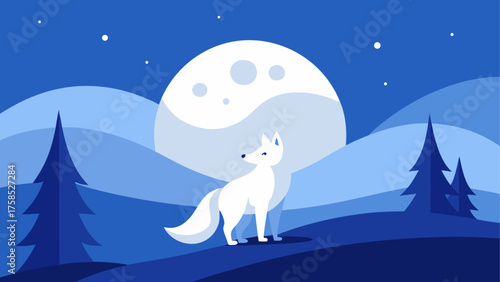 White fox under the moon in winter night