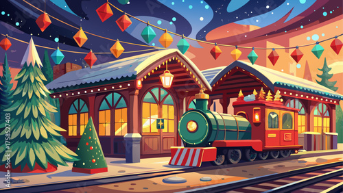 Christmas train station with decorations