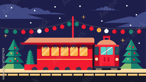 Christmas train at night with christmas tree