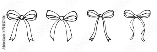 Simple hand drawn black and white ribbon bow collection. Bowknot in outline doodle style for decoration. Vector illustration isolated on a white background