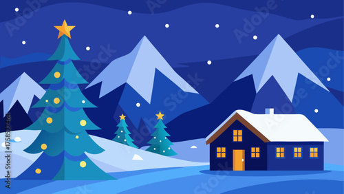 Winter landscape with house and christmas trees