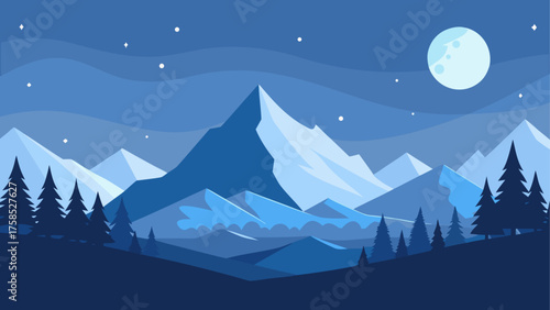 Landscape of mountains under moonlight sky