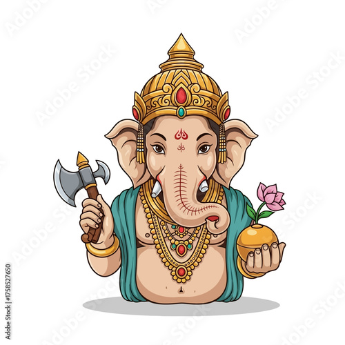 Illustration of Ganesha, the Hindu god of beginnings, with an axe and a lotus flower.