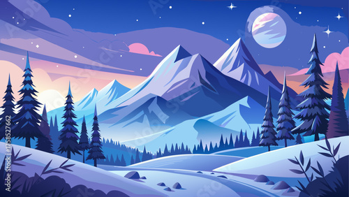 Winter landscape with mountains and trees