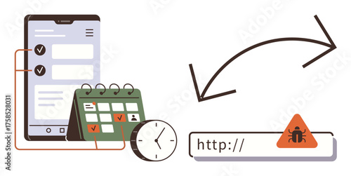 Smartphone checklist, calendar, clock, update arrows, bug warning. Ideal for productivity, planning, security deadlines scheduling troubleshooting workflow. Modern simple flat metaphor