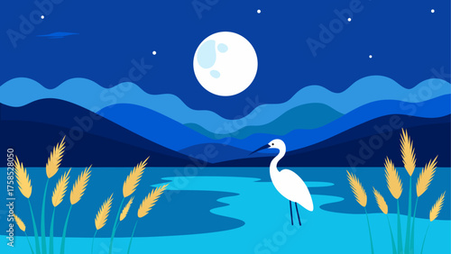 Heron stands under the moonlight scenery