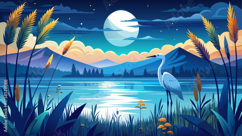 Heron stands by lake under moonlight night