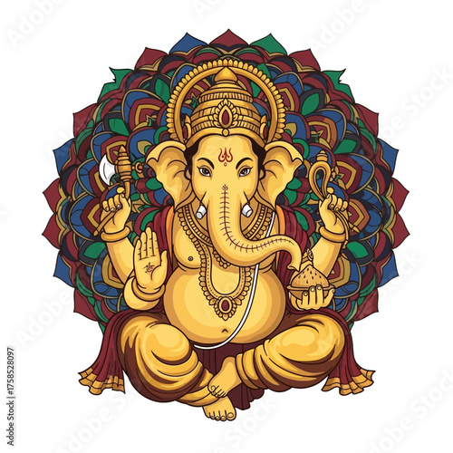 Golden Hindu deity Lord Ganesha sitting in a lotus pose with a colorful, intricate mandala background.