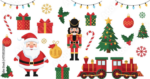 Colorful flat vector illustration featuring Santa Claus, nutcracker soldier, Christmas tree, presents, ornaments, and festive train. Perfect for holiday cards, decorations,and  packaging