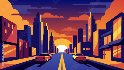 Cityscape with cars at sunset illustration