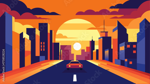 Cityscape with car at sunset illustration