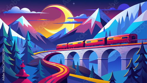 Train crossing bridge in mountain scenery