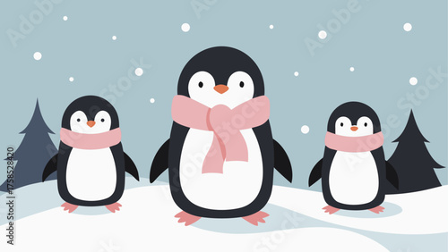 Penguins wearing scarves in winter scene