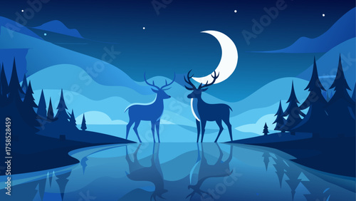 Two deers standing under the moonlight sky